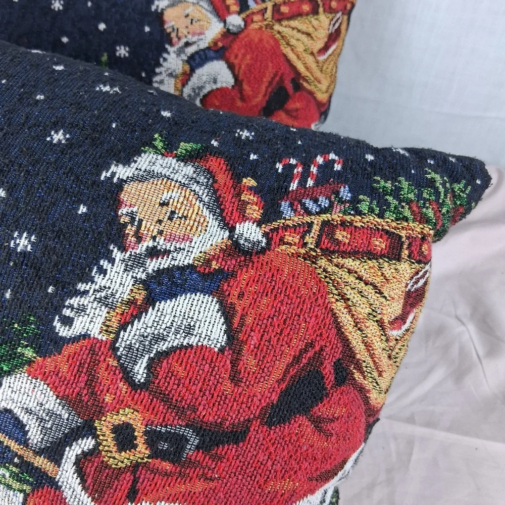 2 Tapestry Christmas Double Sided Reversible Throw Pillows Santa Ornaments Sofa
